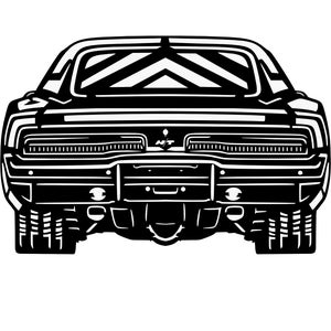 May include: Black and white illustration of a classic muscle car viewed from the rear. The car has a blacked-out rear window with a chevron pattern and a black rear bumper with a license plate holder. The car has a black interior and a black exterior.