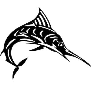 Puede incluir: Ilustración en blanco y negro de un pez marlín. El pez se muestra en una pose dinámica, saltando hacia arriba. Tiene un pico largo y puntiagudo y una aleta dorsal prominente. El diseño utiliza líneas curvas y detalles.