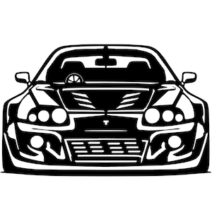 May include: Black and white illustration of a front view of a sports car. The car has a large, black grille and round headlights.