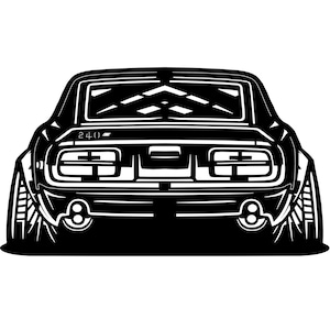 以下が含まれることがあります： 後ろから見たクラシックカーの白黒イラスト。車は黒いリアバンパー、黒いテールライト、黒いリアウィンドウを持っています。車はボディの中央に黒いストライプがあります。車はリアバンパーに「240」の番号が付いています。