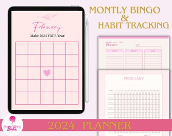 2024 Pink Planner for That Girl Monthly BINGO and Habit Tracking TikTok Viral 12 Week Year