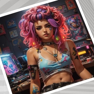 May include: A woman with pink and purple hair sits in front of a computer screen. She is wearing a blue and white tank top and has a variety of colourful jewellery on. The background is a dark room with a computer monitor and other electronics.