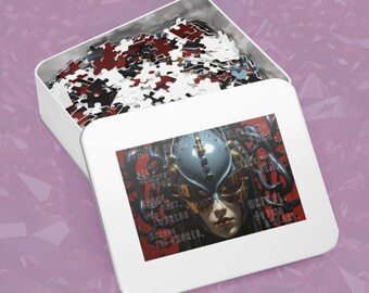 May include: A white metal box with a red and black puzzle inside. The box has a colorful image on the front with a woman wearing a helmet and a mask. The text on the image reads: "Time is a river, endless and free. All things drift upon space, vast, with worlds across the shores. We find a pearl."
