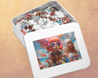 May include: A white box with a colorful puzzle inside. The box has a picture of two women with pink and blue hair wearing colorful outfits. The women are standing in front of a background with candy and a cake.