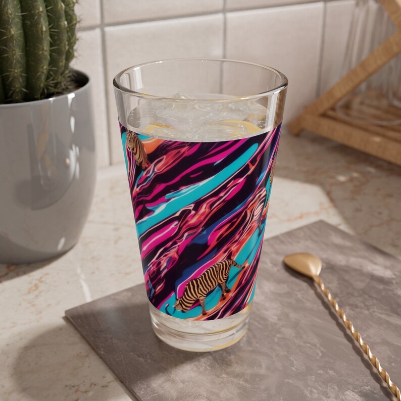 Zebra Savannah Glass, 16oz / Pour in your potion, let stories unfold, Zebra's tales of savannas untold. image 1