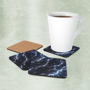 Thundery Coaster Set, 4x Glossy Corkwood Coasters | Become All Powerful at the Table. Energetic Coaster Set. Electrify Your Company.