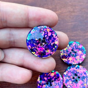 Galaxy Glow Resin Buttons – 4 Pack | 1 Inch (25mm) Handmade Purple & Neon Glitter Buttons for Sewing, DIY Crafts and Knitting Projects