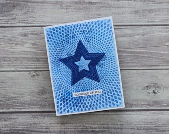 ręcznie robiona kartka z gratulacjami z gwiazdkami – jesteśmy z Ciebie bardzo dumni