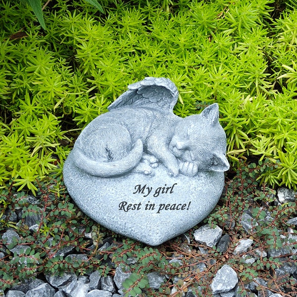 Personalized Angel Cat Memorial Stones Grave Markers with a Cat Sleeps on The Heart-Shaped Stone - Pet Cat Garden Statue Memorial Loss Gifts