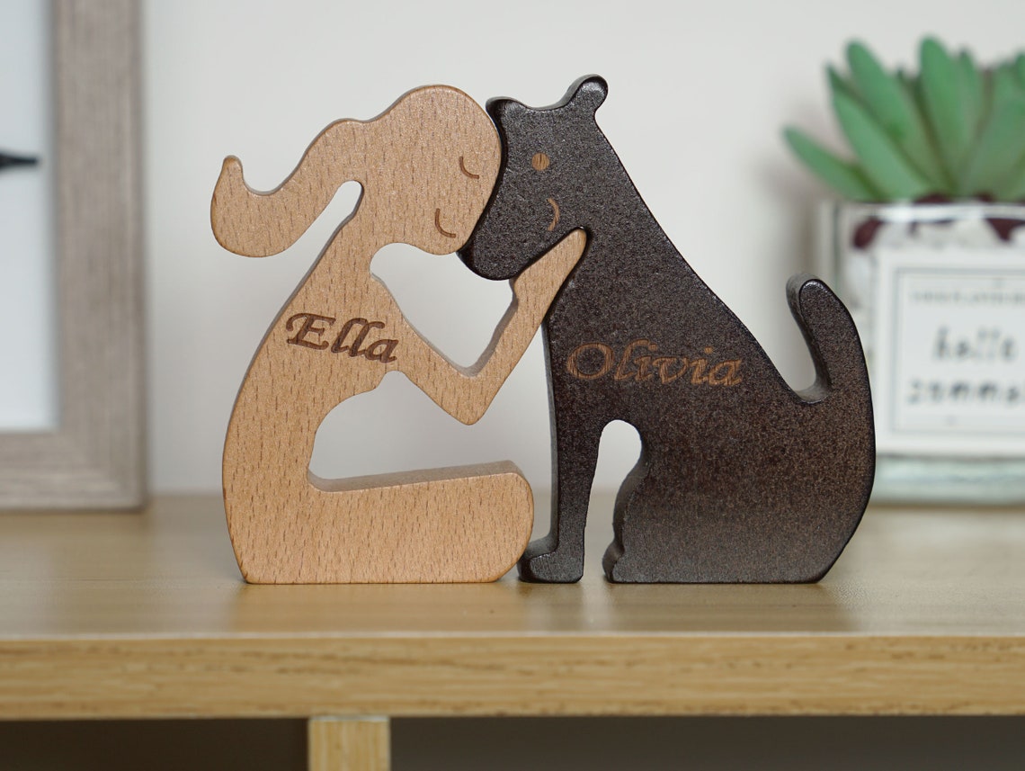 Personalized Wooden Woman and Dog Pet Carving.