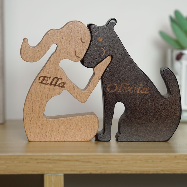 Personalized Wooden Women and Dog Pet Carvings, Dog Memorial Gifts ,Wooden Dog Statues Home Decor Gift ,Dog Lover Gifts,Natural ECO Friendly
