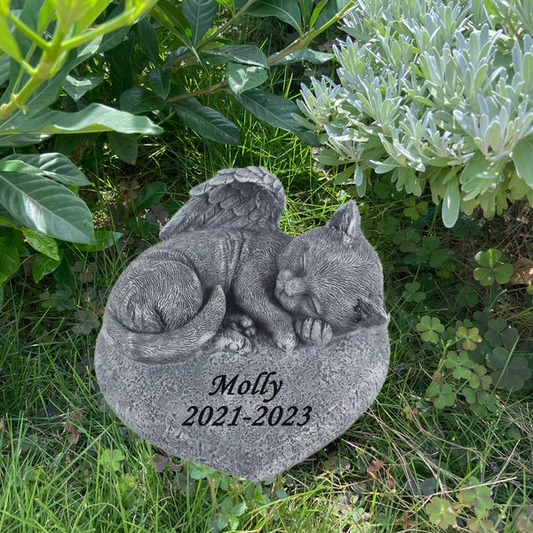 Pet Cat Memorial Garden Stones Grave Markers with a Cat Sleeps on The Heart-Shaped Stone - Decor Outdoor Sympathy Cat Memorial Loss Gifts