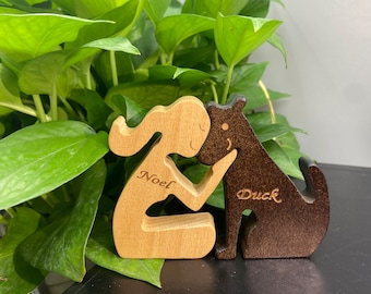 Personalized Wooden Women and Dog Pet Carvings, Dog Memorial Gifts ,Wooden Dog Statues Home Decor Gift ,Dog Lover Gifts,Natural ECO Friendly