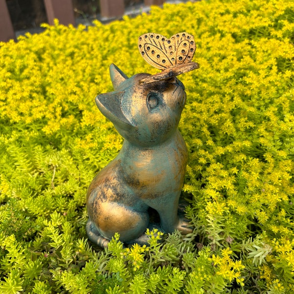 Statue de jardin de curiosité de chat et de papillon pour l'intérieur et l'extérieur, pour patio, cour, pelouse, porche, décoration de perte de chat, cadeaux de sympathie pour les amoureux des chats