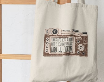 Re-focus Motivation Cotton Canvas Tote Bag, Vintage Camera Canvas Tote Bag