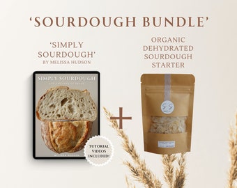 May include: A sourdough bread-making bundle featuring a book titled 'Simply Sourdough' by Melissa Hudson and an organic dehydrated sourdough starter. The book is on a tablet, and the starter is in a brown paper bag. The image includes the text 'Tutorial Videos Included!'