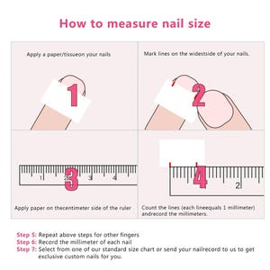 Op de afbeelding: Diagram met instructies voor het meten van de nagelgrootte. Instructies omvatten het aanbrengen van papier, het markeren van lijnen en het gebruik van een liniaal om in millimeters te meten. Tekst: "Hoe meet je de nagelmaat."