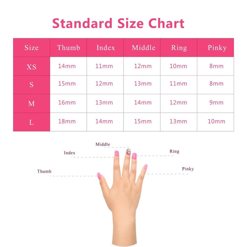 Op de afbeelding: Een standaard nagelmaattabel met afmetingen in millimeters. De tabel bevat de maten XS, S, M en L, met bijbehorende duim-, wijsvinger-, middelvinger-, ringvinger- en pinkmaten. Een hand is afgebeeld met elke vinger gelabeld.
