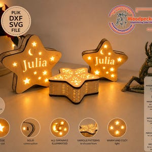 Puede incluir: Luces de noche de madera en forma de estrella con el nombre "Julia" iluminado. Las luces tienen recortes de estrellas y lunas, y la altura es de aproximadamente 20 cm. Las luces están hechas de madera natural y tienen un brillo cálido y acogedor.