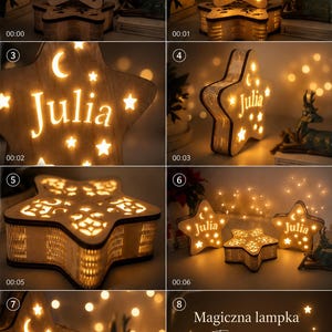 May include: Wooden star-shaped night light with the name "Julia" illuminated. The star has a crescent moon and star cutouts, and sits atop a matching wooden box. The light emits a warm glow, perfect for a bedroom.