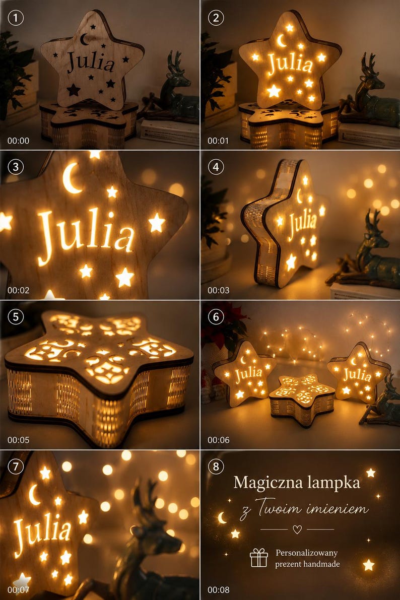 May include: Wooden star-shaped night light with the name "Julia" illuminated. The star has a crescent moon and star cutouts, and sits atop a matching wooden box. The light emits a warm glow, perfect for a bedroom.
