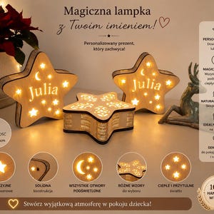 May include: Wooden star-shaped night lights with the name "Julia" illuminated. The lights are surrounded by smaller star cutouts. A decorative box and a deer figurine are also present. The height is approximately 20 cm.