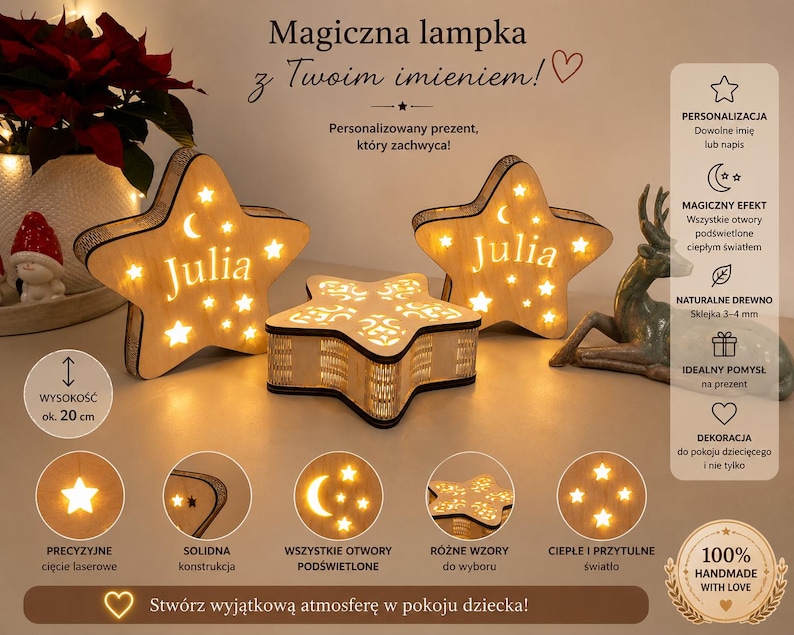 May include: Wooden star-shaped night lights with the name "Julia" illuminated. The lights are surrounded by smaller star cutouts. A decorative box and a deer figurine are also present. The height is approximately 20 cm.
