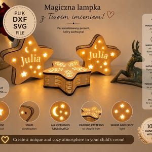 May include: Wooden star-shaped night lights with the name "Julia" illuminated. The lights are approximately 20 cm tall and feature a warm, cozy glow. The design includes star and moon cutouts, creating a unique atmosphere.