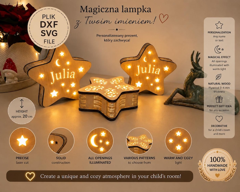 May include: Wooden star-shaped night lights with the name "Julia" illuminated. The lights are approximately 20 cm tall and feature a warm, cozy glow. The design includes star and moon cutouts, creating a unique atmosphere.
