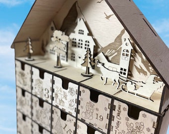 Fichier DXF pour calendrier de l'Avent avec 25 petites boîtes cadeaux. Compte à rebours de Noël. Calendrier de l'Avent en bois. Idées cadeaux de Noël. 290 x 470 mm.