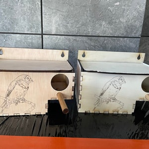 Può includere: Due casette per uccelli in legno con un piccolo posatoio e un foro di ingresso rotondo. Ogni casetta ha un'illustrazione di un uccello sul davanti.