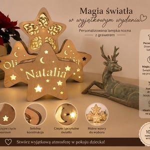May include: Wooden star-shaped night lights with personalized names and star and moon cutouts. The lights are illuminated, creating a warm glow. The text on the stars reads "Natalia" and "Oli".