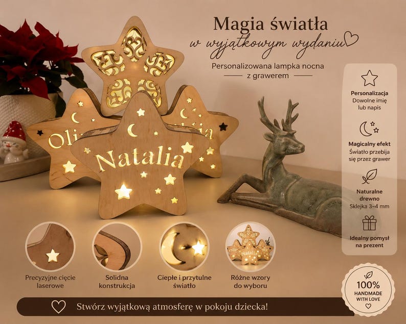 May include: Wooden star-shaped night lights with personalized names and star and moon cutouts. The lights are illuminated, creating a warm glow. The text on the stars reads "Natalia" and "Oli".