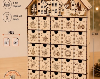 Modèle de calendrier de l'Avent en bois (290 x 470 mm) avec 25 petites boîtes cadeaux. Fichier DXF. Idées cadeaux de Noël.