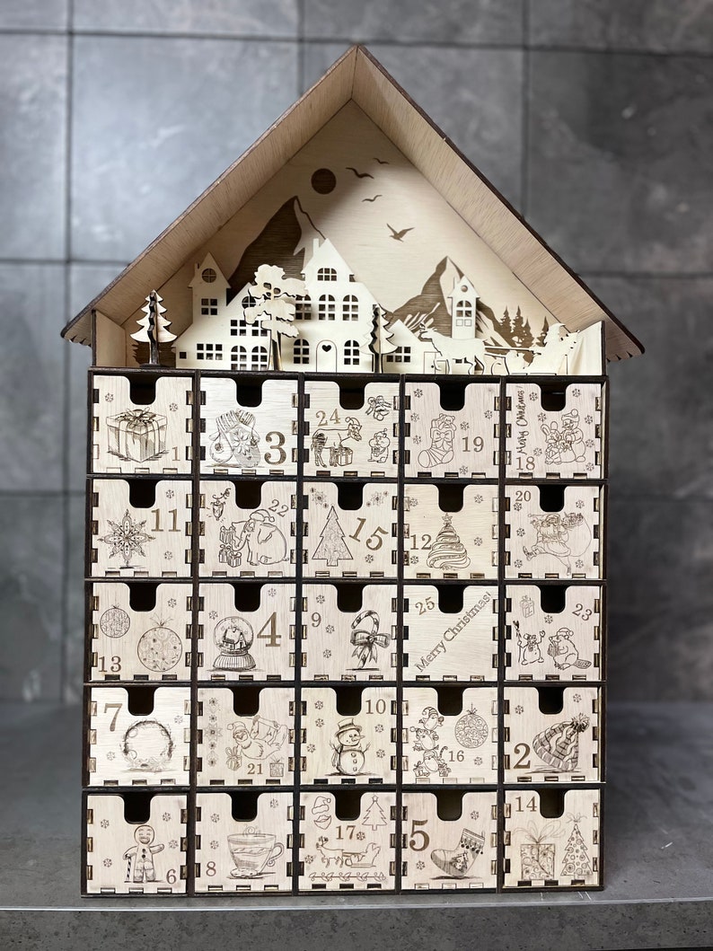DXF File Design for Advent Calendar With 25 Small Gift Boxes Christmas Countdown Wooden Advent