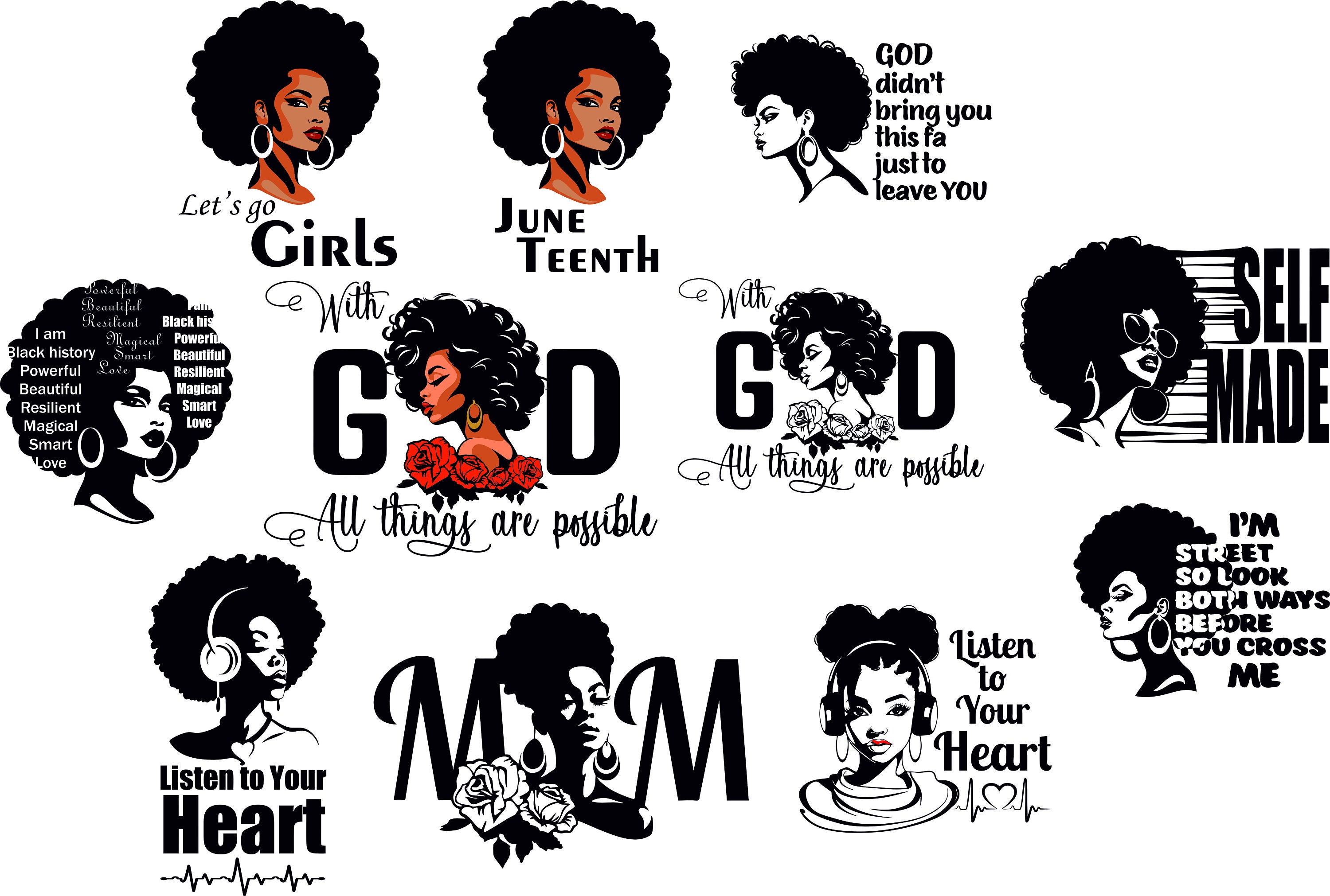 Afro Woman SVG Bundle, mom Svg, Afro Queen Svg, Afro Lady Svg, christian svg, Black Woman, For Cricut, For Silhouette, Cut Files, Tshirt,Png
