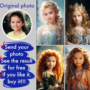 Funny digital portraits for a child, Portrait of a girl in the character of little mermaid, Elsa, Moana, Jasmine, Disney princess, superhero