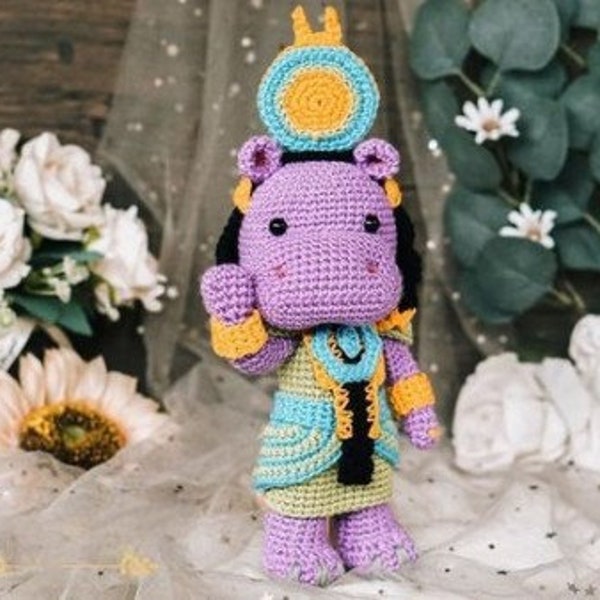 Handcrafted Crochet Pharaoh Hippo: A Majestic Creation Blending Artistry and Whimsy, Perfect for Playful Adventures and Elegant Décor
