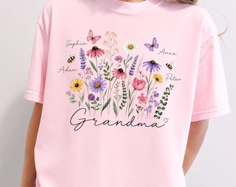 Personalized Grandma Garden T-shirt, Custom Grandma and Grandkids Name With Butterfly Bee Shirt