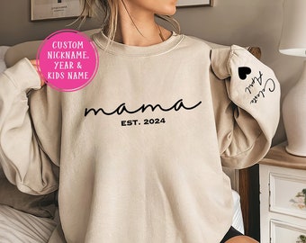 Sudadera de mamá personalizada con manga de nombres de niños, suéter de mamá personalizado, sudadera de mamá con fecha est, regalo para madre, nombres de niños en la manga