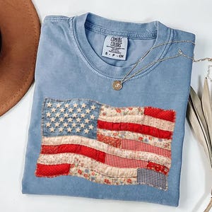 Faux Patchwork American Flag T-Shirt 4th Of July Patriotic Women Clothing Memorial Day Shirt