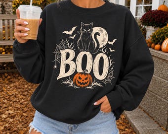 Boo Halloween Sweatshirt, Black Cat Pumpkin Shirt, Spooky Season Crewneck, Vintage Halloween Gift