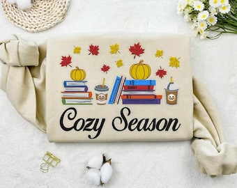 Embroidered Cozy Season Sweatshirt: Book Lover Fall Pullover