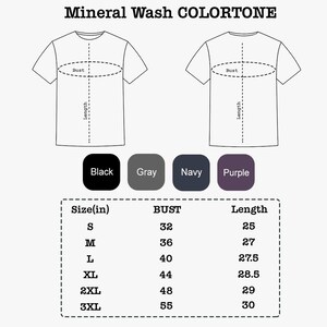 May include: Diagram of a t-shirt with bust and length measurements in inches. The image includes color swatches for black, gray, navy, and purple. Sizes range from S to 3XL, with bust measurements from 32 to 55 inches.