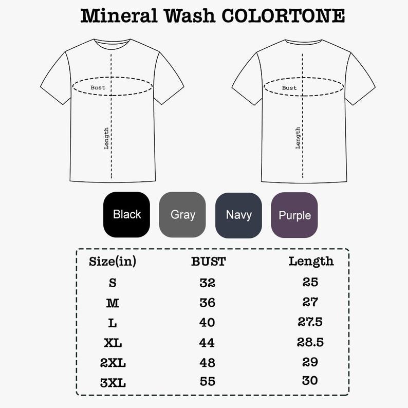 May include: Diagram of a t-shirt with bust and length measurements in inches. The image includes color swatches for black, gray, navy, and purple. Sizes range from S to 3XL, with bust measurements from 32 to 55 inches.