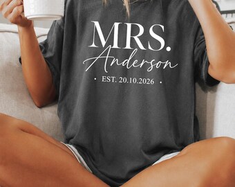 Comfort Colors® Custom Mrs Shirt, Personalized Last Name and Wedding Date, Newlywed Bride Gift