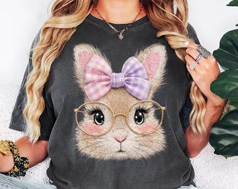 Comfort Colors Bunny Easter T-shirt, Pastel Gingham Bow Rabbit Tee, Mama Gift