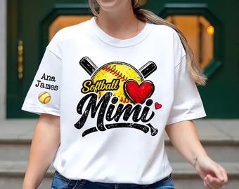Custom Softball Mimi T-Shirt With Kids Names, Game Day Shirt, Mom Grandma Gift