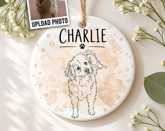 Personalized Pet Portrait Ornament With Photo And Name, Custom Dog Memorial Christmas Ceramic Ornament