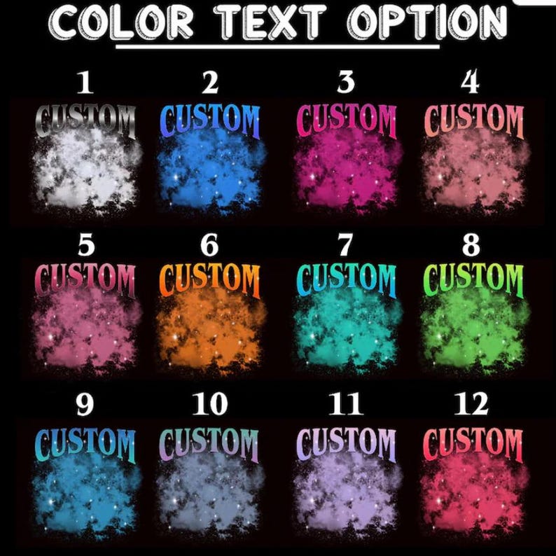 May include: A graphic showcasing 12 color text options against a black background. Each option features the word "CUSTOM" in a different color, set against a nebula-like cloud. The text "COLOR TEXT OPTION" is at the top.